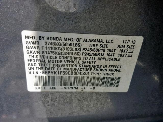 5FPYK1F59EB004523 - 2014 HONDA RIDGELINE CHARCOAL photo 10