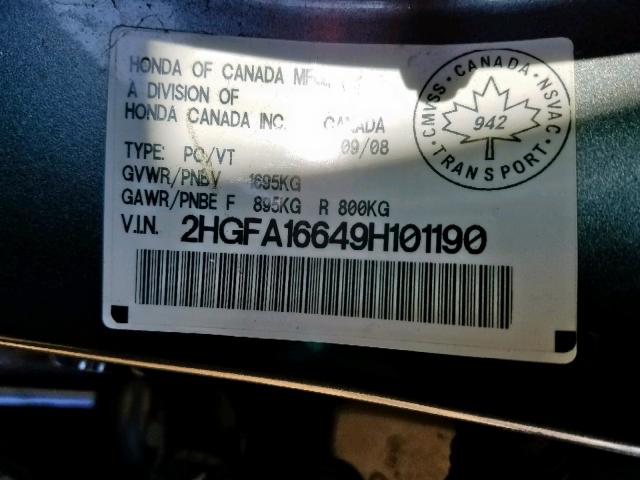 2HGFA16649H101190 - 2009 HONDA CIVIC LX-S ნაცრისფერი ფოტო 10