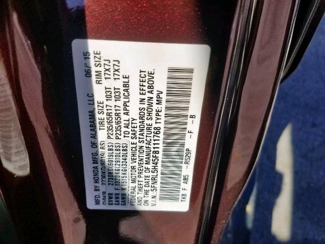 5FNRL5H45FB111768 - 2015 HONDA ODYSSEY EX BURGUNDY photo 10