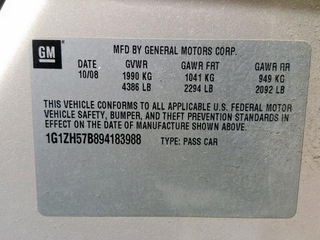 1G1ZH57B894183988 - 2009 CHEVROLET MALIBU 1LT GOLD photo 10