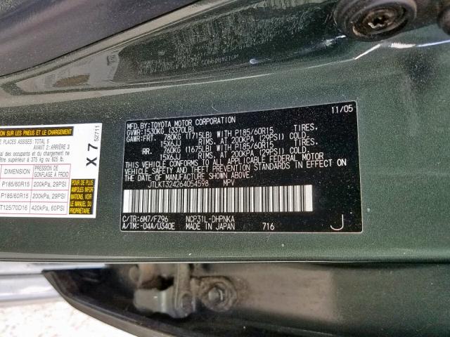 JTLKT324264054598 - 2006 TOYOTA SCION XB მწვანე ფოტო 10