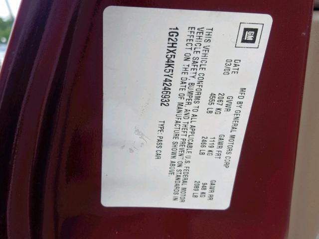 1G2HX54K5Y4246932 - 2000 PONTIAC BONNEVILLE MAROON photo 10