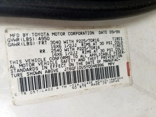 JT6GF10U5Y0046996 - 2000 LEXUS RX 300 CREAM photo 10