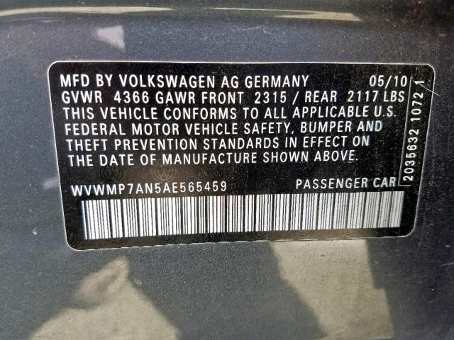 WVWMP7AN5AE565459 - 2010 VOLKSWAGEN CC SPORT GRAY photo 10