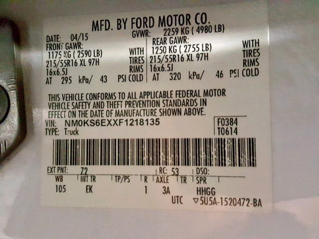 NM0KS6EXXF1218135 - 2015 FORD TRANSIT CO WHITE photo 10