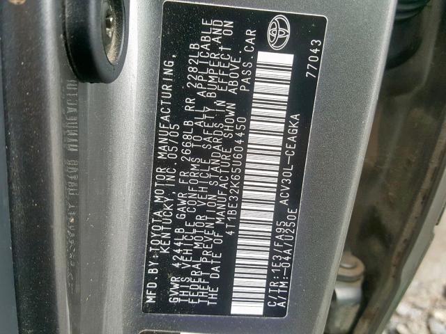 4T1BE32K65U604450 - 2005 TOYOTA CAMRY LE GRAY photo 10