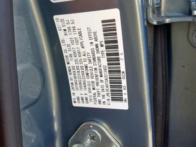 JHLRE4H70AC013402 - 2010 HONDA CR-V EXL GRAY photo 10