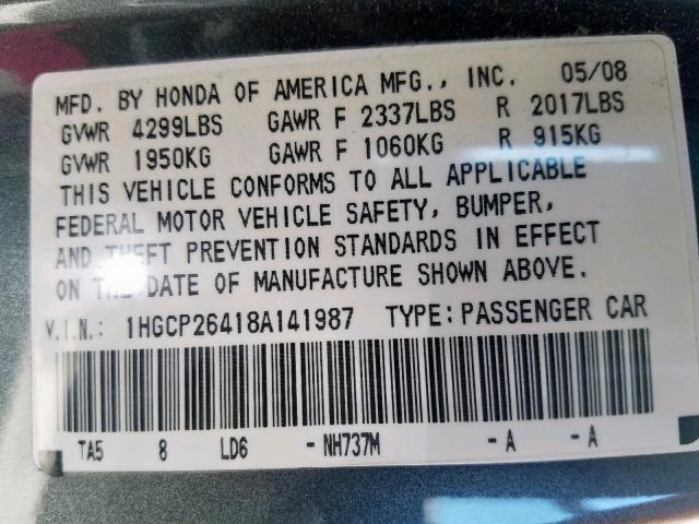 1HGCP26418A141987 - 2008 HONDA ACCORD LXP GRAY photo 10