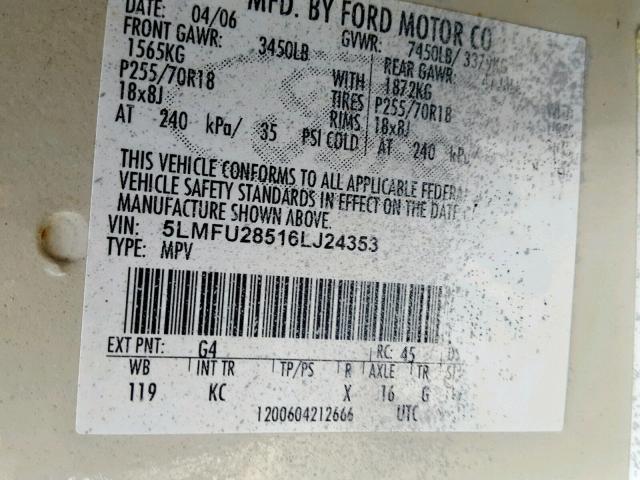 5LMFU28516LJ24353 - 2006 LINCOLN NAVIGATOR WHITE photo 10