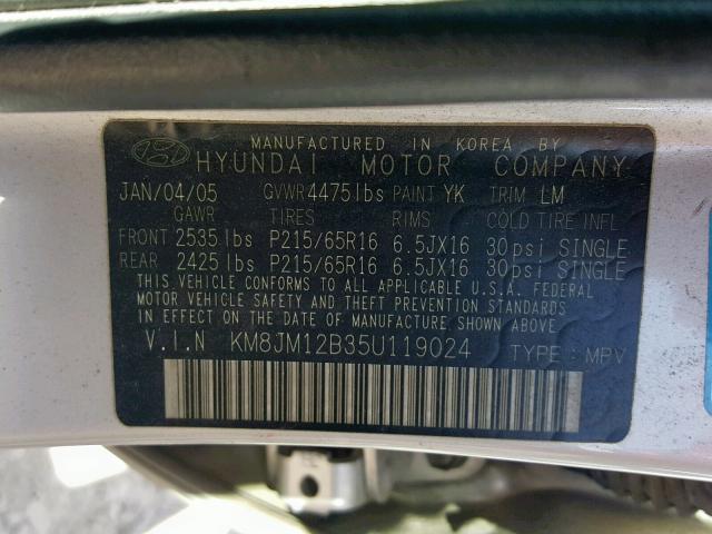 KM8JM12B35U119024 - 2005 HYUNDAI TUCSON GL SILVER photo 10