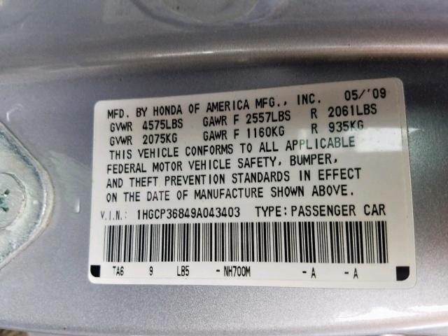 1HGCP36849A043403 - 2009 HONDA ACCORD EXL SILVER photo 10