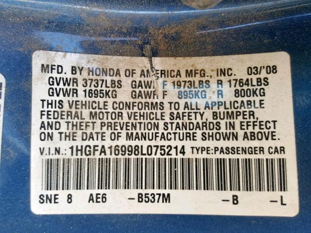 1HGFA16998L075214 - 2008 HONDA CIVIC EXL 蓝色 照片 10
