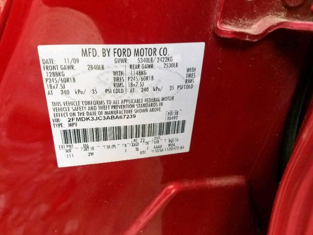 2FMDK3JC3ABA67239 - 2010 FORD EDGE SEL RED photo 10