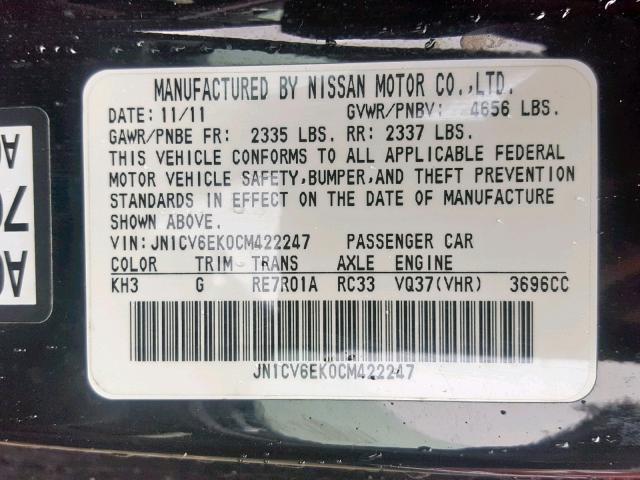 JN1CV6EK0CM422247 - 2012 INFINITI G37 BASE BLACK photo 10