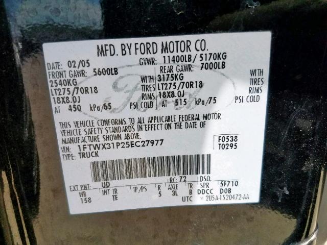 1FTWX31P25EC27977 - 2005 FORD F350 SRW S BLACK photo 10