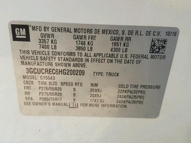 3GCUCREC6HG200209 - 2017 CHEVROLET SILVERADO WHITE photo 10