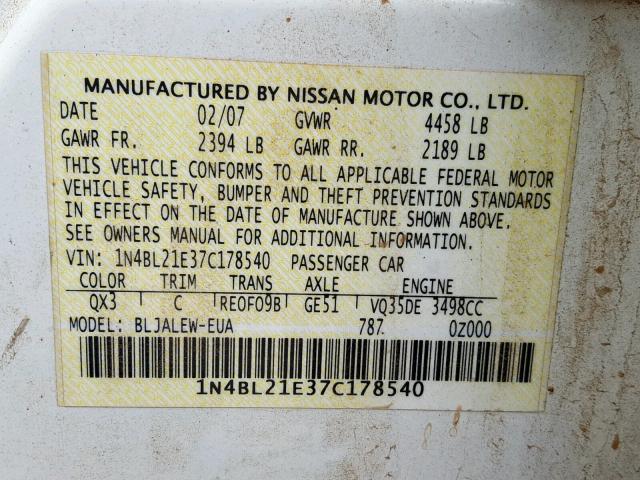 1N4BL21E37C178540 - 2007 NISSAN ALTIMA 3.5 WHITE photo 10