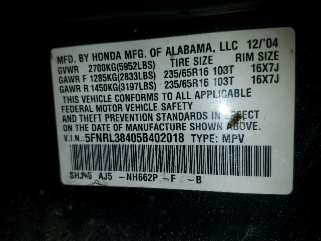 5FNRL38405B402018 - 2005 HONDA ODYSSEY EX BLUE photo 10