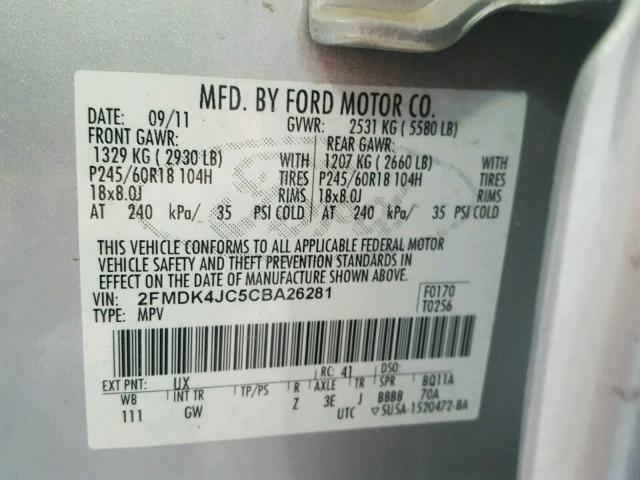 2FMDK4JC5CBA26281 - 2012 FORD EDGE SEL SILVER photo 10