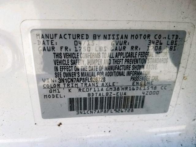 3N1CN7AP8FL926728 - 2015 NISSAN VERSA S WHITE photo 10