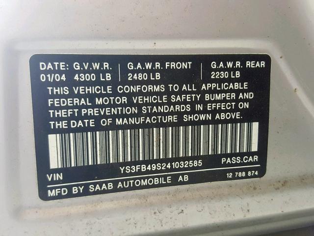 YS3FB49S241032585 - 2004 SAAB 9-3 LINEAR SILVER photo 10