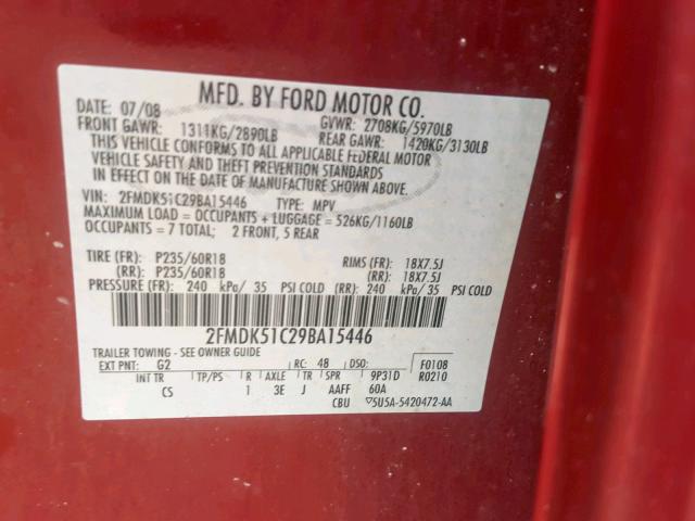 2FMDK51C29BA15446 - 2009 FORD FLEX SE RED photo 10