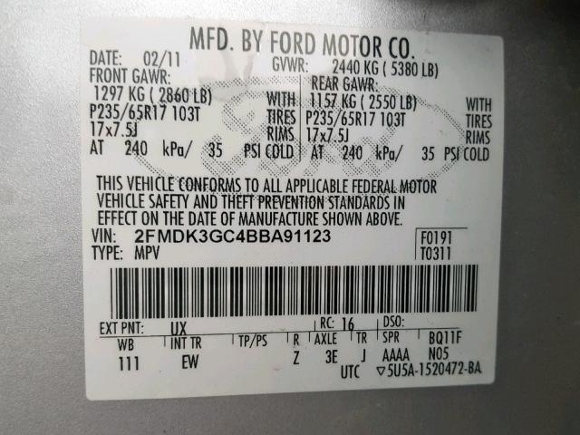 2FMDK3GC4BBA91123 - 2011 FORD EDGE SE SILVER photo 10