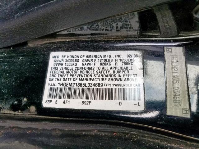 1HGEM21365L034689 - 2005 HONDA CIVIC DX V BLACK photo 10