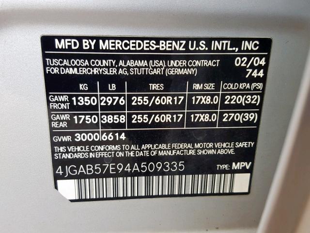 4JGAB57E94A509335 - 2004 MERCEDES-BENZ ML 350 SILVER photo 10