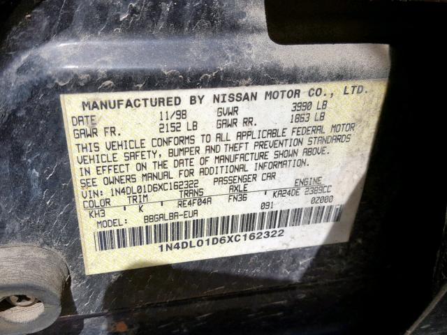 1N4DL01D6XC162322 - 1999 NISSAN ALTIMA XE BLACK photo 10