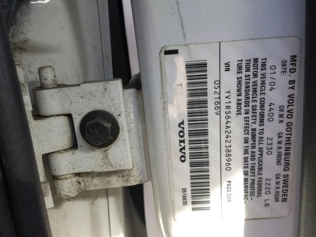 YV1RS64A242388960 - 2004 VOLVO S60 WHITE photo 10