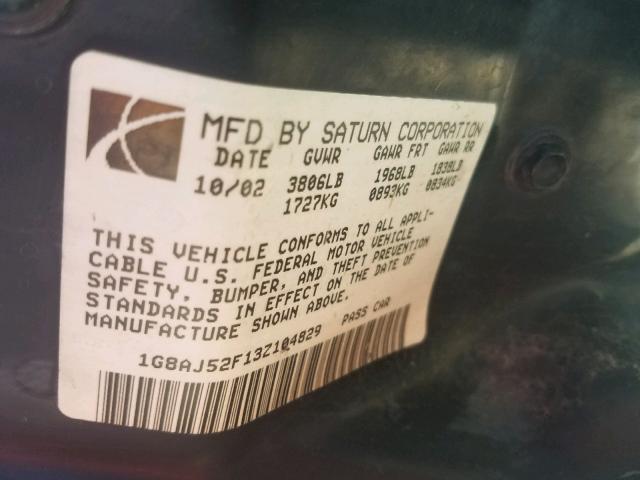 1G8AJ52F13Z104829 - 2003 SATURN ION LEVEL SILVER photo 10