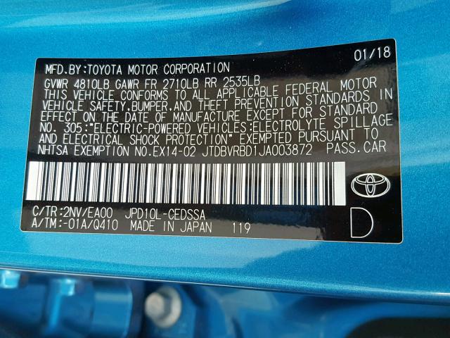 JTDBVRBD1JA003872 - 2018 TOYOTA MIRAI BLUE photo 10