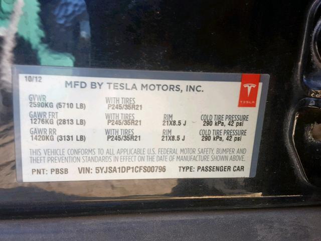 5YJSA1DP1CFS00796 - 2012 TESLA MODEL S أسود صورة 10