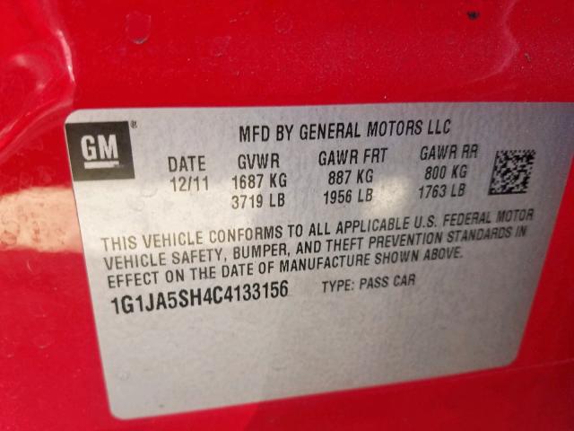 1G1JA5SH4C4133156 - 2012 CHEVROLET SONIC LS 红色 照片 10