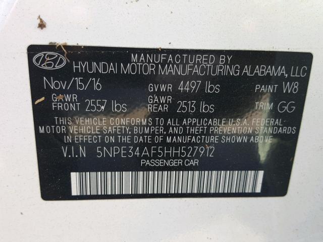 5NPE34AF5HH527912 - 2017 HYUNDAI SONATA SPO WHITE photo 10