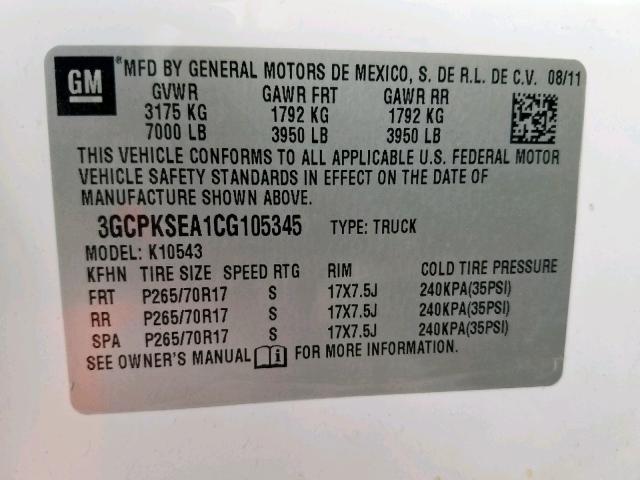 3GCPKSEA1CG105345 - 2012 CHEVROLET SILVERADO WHITE photo 10