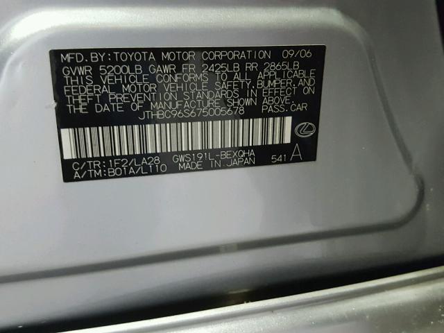 JTHBC96S675005678 - 2007 LEXUS GS 450H SILVER photo 10