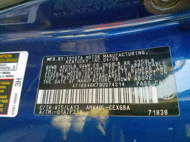 4T1BB46K79U074214 - 2009 TOYOTA CAMRY HYBR BLUE photo 10