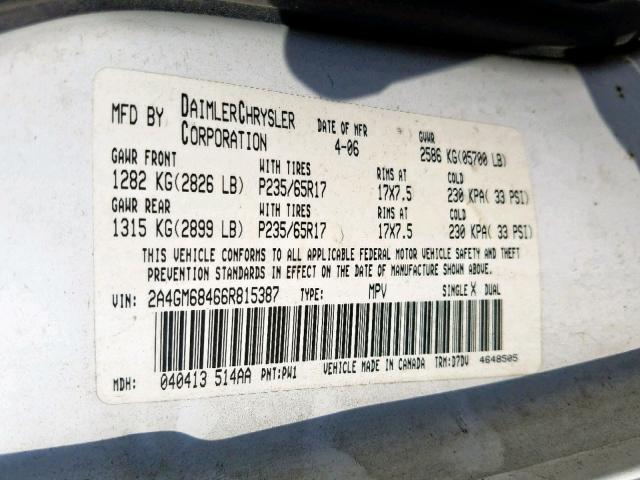 2A4GM68466R815387 - 2006 CHRYSLER PACIFICA T WHITE photo 10