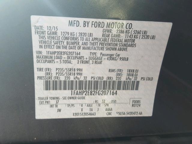 1FAHP2E82FG207164 - 2015 FORD TAURUS SEL GRAY photo 10