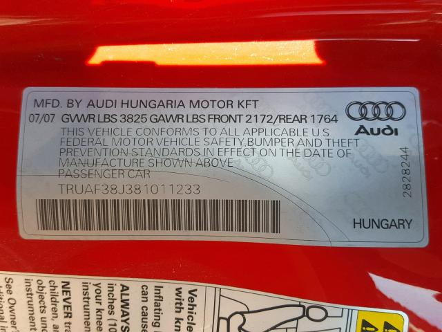 TRUAF38J381011233 - 2008 AUDI TT 2.0T RED photo 10