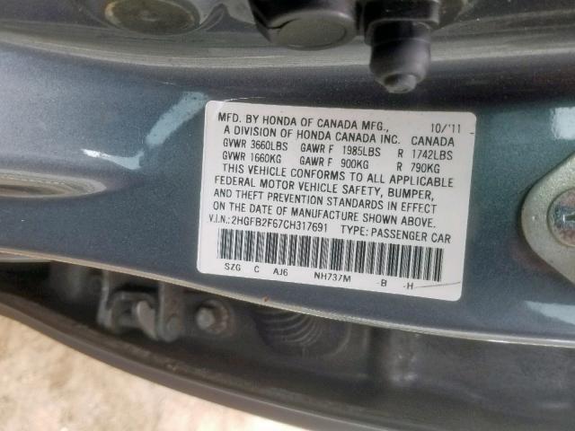 2HGFB2F67CH317691 - 2012 HONDA CIVIC HF GRAY photo 10