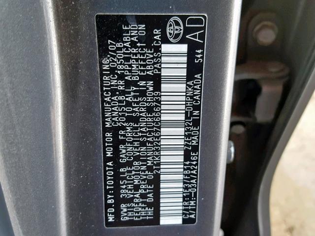 2T1KR32E67C666739 - 2007 TOYOTA COROLLA MA GRAY photo 10