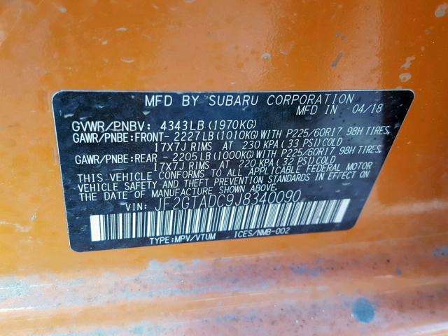 JF2GTADC9J8340090 - 2018 SUBARU CROSSTREK ORANGE photo 10