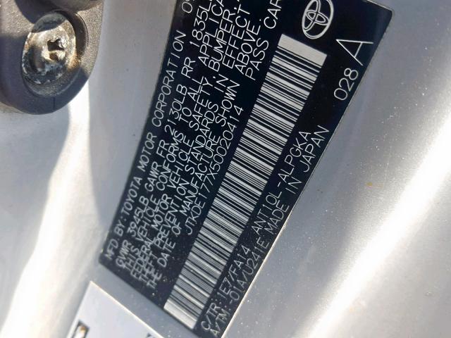 JTKDE177X50020414 - 2005 TOYOTA SCION TC ვერცხლისფერი ფოტო 10