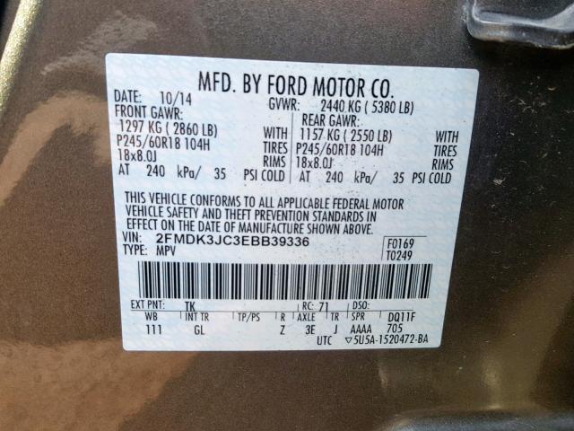 2FMDK3JC3EBB39336 - 2014 FORD EDGE SEL GRAY photo 10