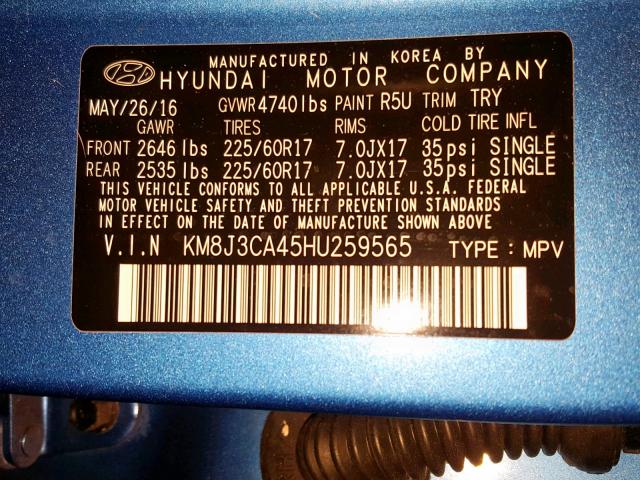 KM8J3CA45HU259565 - 2017 HYUNDAI TUCSON LIM BLUE photo 10