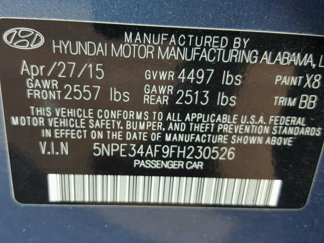 5NPE34AF9FH230526 - 2015 HYUNDAI SONATA SPO BLUE photo 10