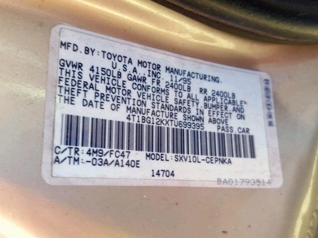 4T1BG12KXTU699395 - 1996 TOYOTA CAMRY DX GOLD photo 10